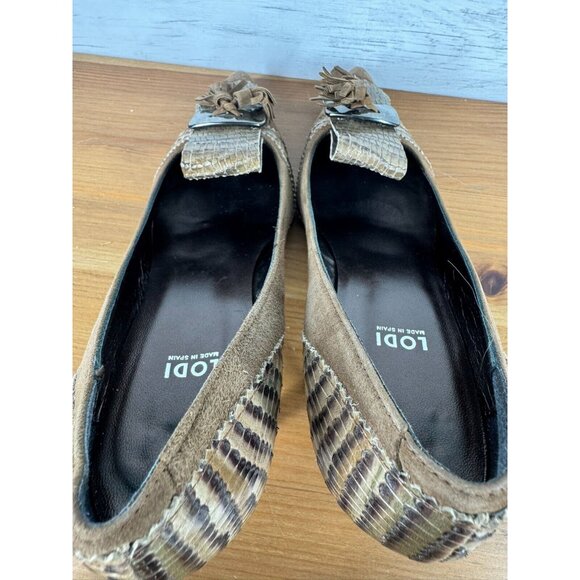 Lodi Made in Spain Suede Snakeskin Effect Tassles Heels Ladies Sz 37.5 US 7 - Picture 9 of 10
